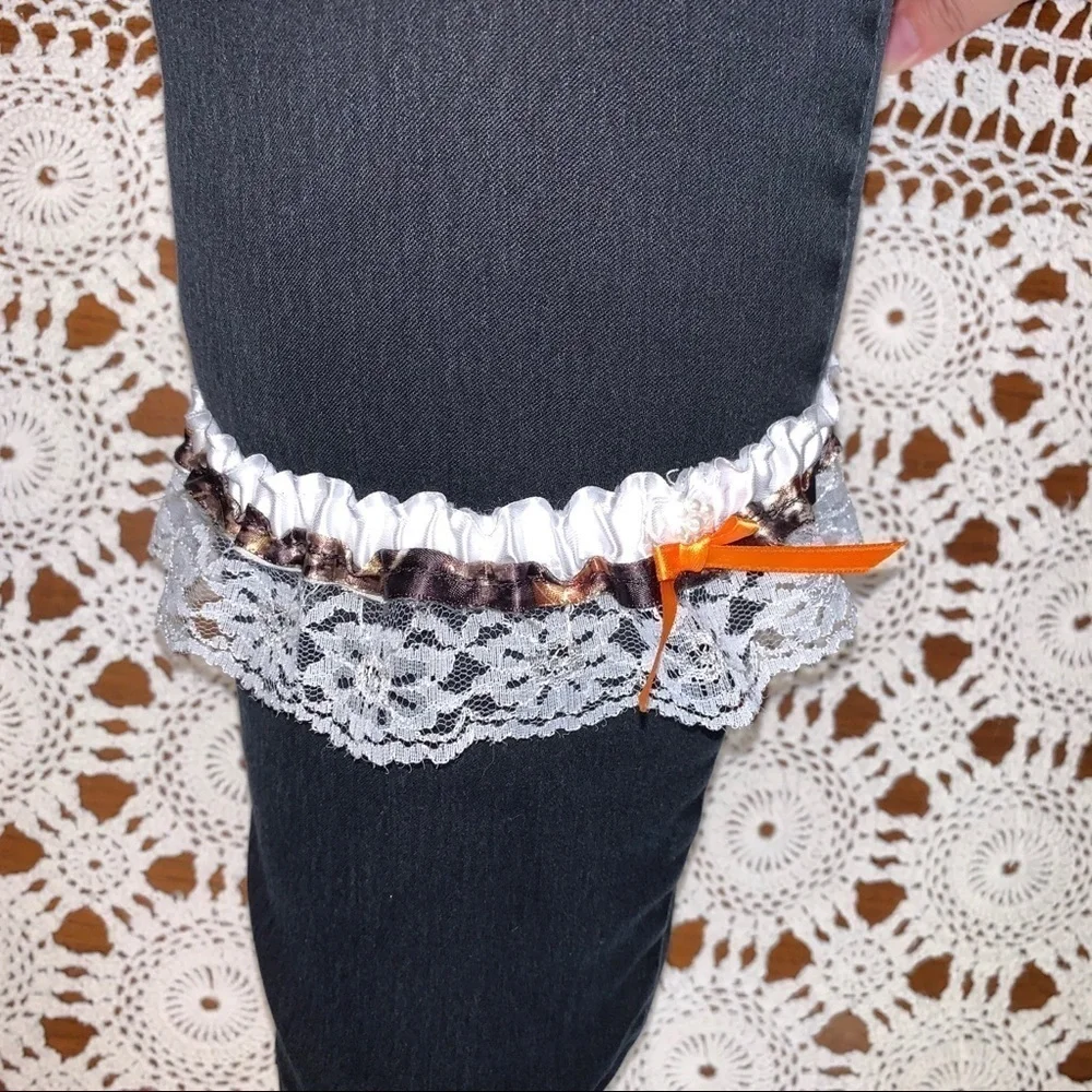 White Lace & Camo Garter w/ Orange Bow